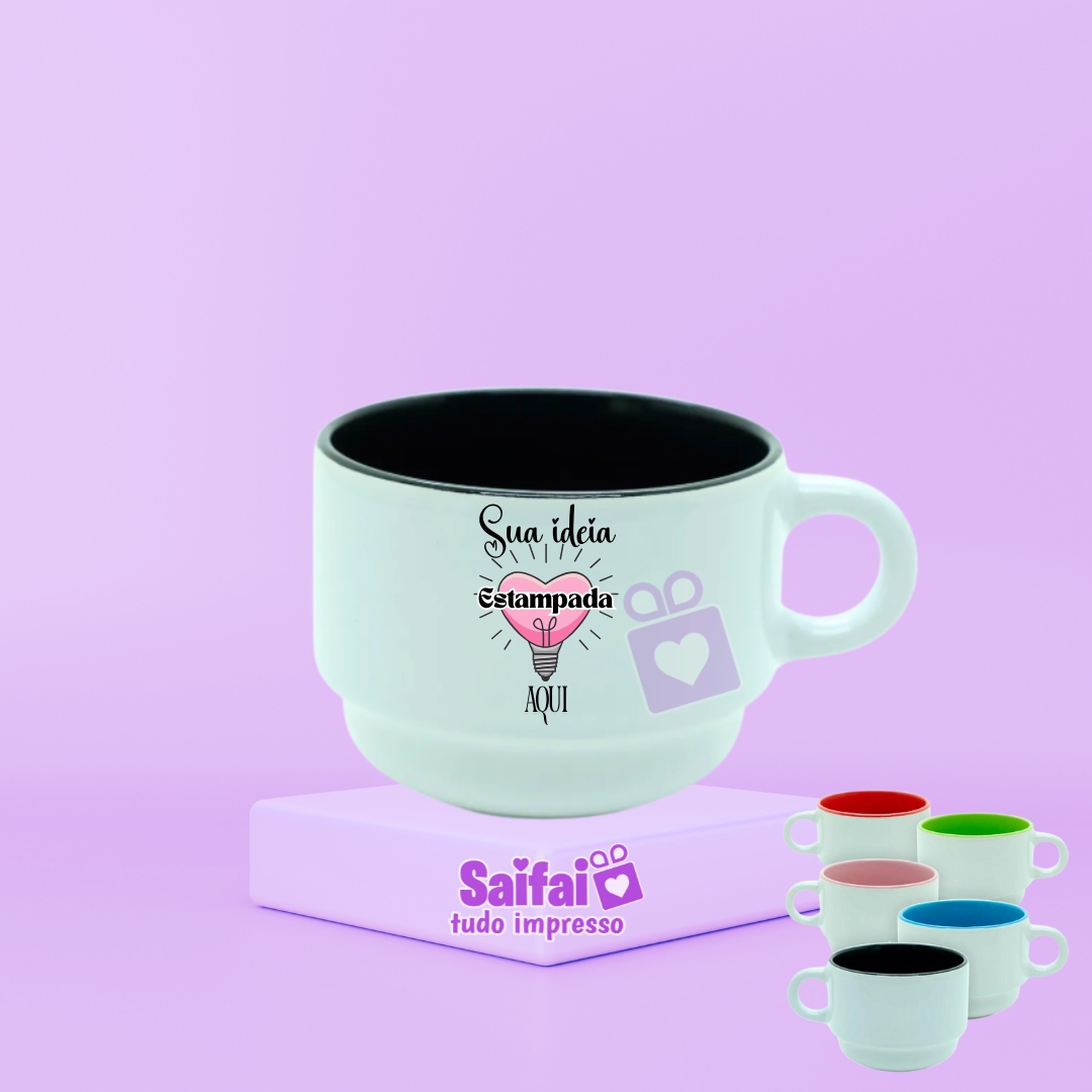Xícara Empilhável 150ml com Interior Colorido – Compacta, Charmosa e Personalizada!